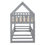 LZ LEISURE ZONE Grey Twin Over Twin Bunk Bed with House Design, Safety Fence, and Playful Door LZ LEISURE ZONE