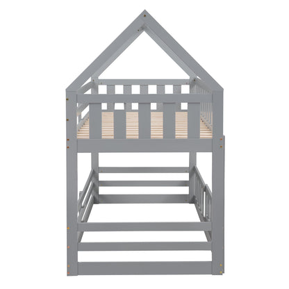 LZ LEISURE ZONE Grey Twin Over Twin Bunk Bed with House Design, Safety Fence, and Playful Door - WoodArtSupply