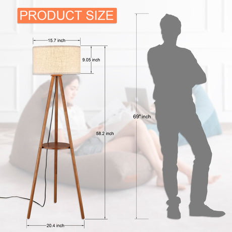 Baobab Tree Park Wood Tripod Floor Lamp with Shelves,Linen Shade Boho Wooden Floor lamp for Living Room, with Three Color temparature Bulb Included,footswitch,ETL Listed/Brown Wood Color Baobab Tree Park