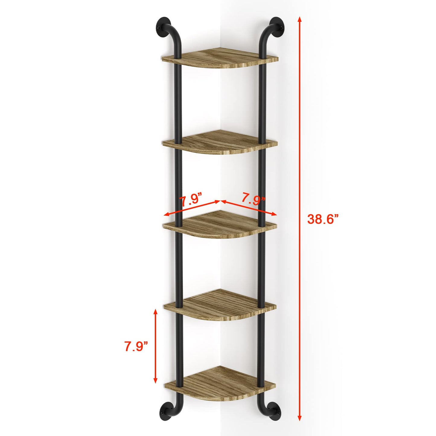 Tinpin Corner Shelf Wall Mount 5-Tier, Wall Decor for Home Living Room Bedroom, Wall Corner Shelves Bookshelf, Rustic Industrial Pipe Shelves, Brown