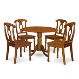 East West Furniture Dublin 5 Piece Set Includes a Round Dining Room Table with Dropleaf and 4 Wood Seat Chairs, 42x42 Inch, Saddle Brown East West Furniture