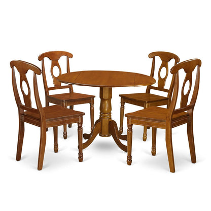 East West Furniture Dublin 5 Piece Set Includes a Round Dining Room Table with Dropleaf and 4 Wood Seat Chairs, 42x42 Inch, Saddle Brown - WoodArtSupply