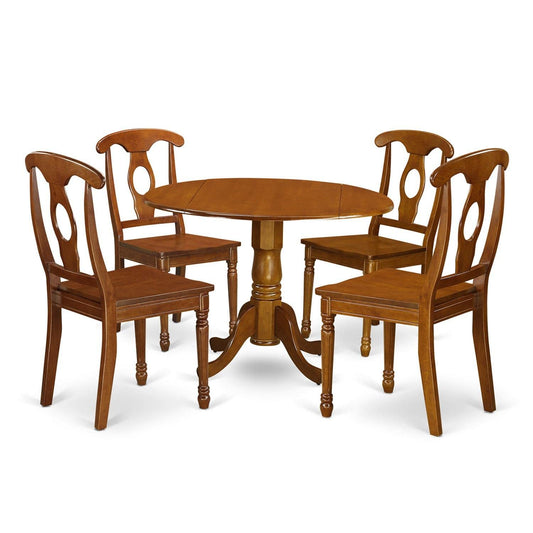 East West Furniture Dublin 5 Piece Set Includes a Round Dining Room Table with Dropleaf and 4 Wood Seat Chairs, 42x42 Inch, Saddle Brown - WoodArtSupply