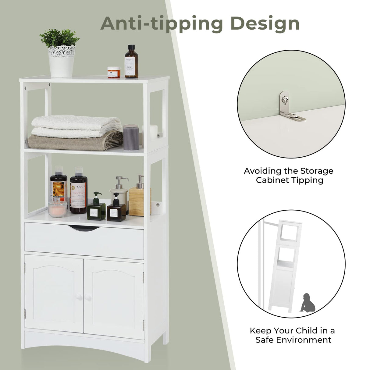 DICTAC Kitchen Pantry Storage Cabinets with Shelves,Drawer and Doors,Microwave Cart with Storage,Freestanding Floor Sideboard Cabinet with Microwave Space,Bookshelf,Display Unit for Home,White DICTAC