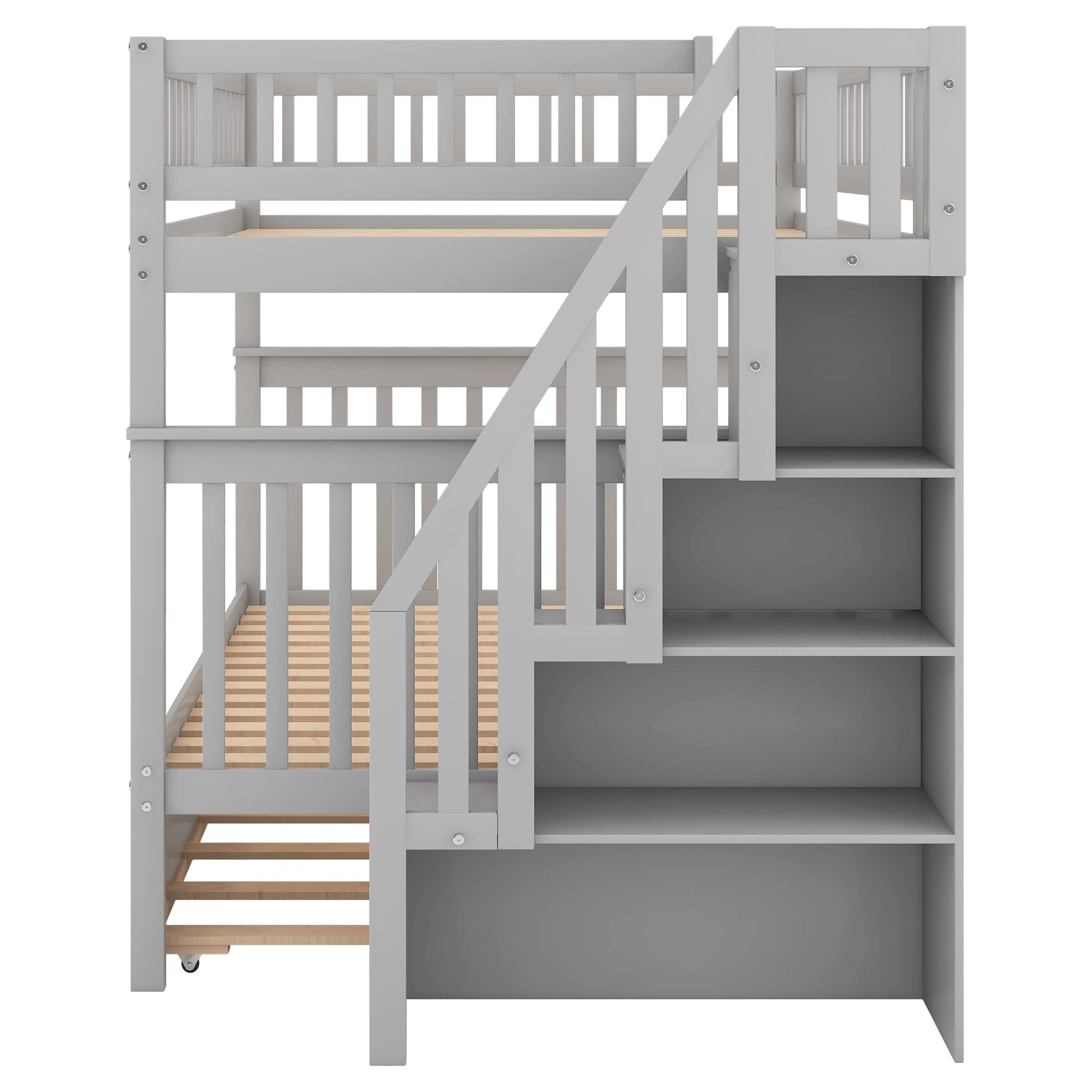 Merax Grey Full-Over-Full Stairway Bunk Bed with Trundle, Convertible into 3 Beds - WoodArtSupply