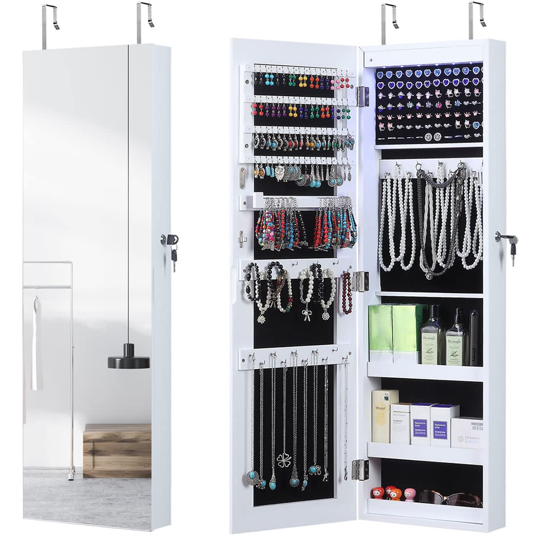 GISSAR Full Length Mirror Jewelry Cabinet, 6 LEDs Jewelry Armoire Wall Mounted Over The Door Hanging, Jewelry Organizer Display Storage Furniture with Lights Locker Mirrored Cabinet, White GISSAR
