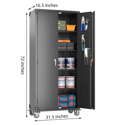 Upgraded Metal Garage Tools Storage Cabinet with Wheels, 72" Tall Lockable Garage Cabinet with Pegboard & 4 Hooks, Adjustable Shelves for Garage Utility Rooms Assembly Required(Black)