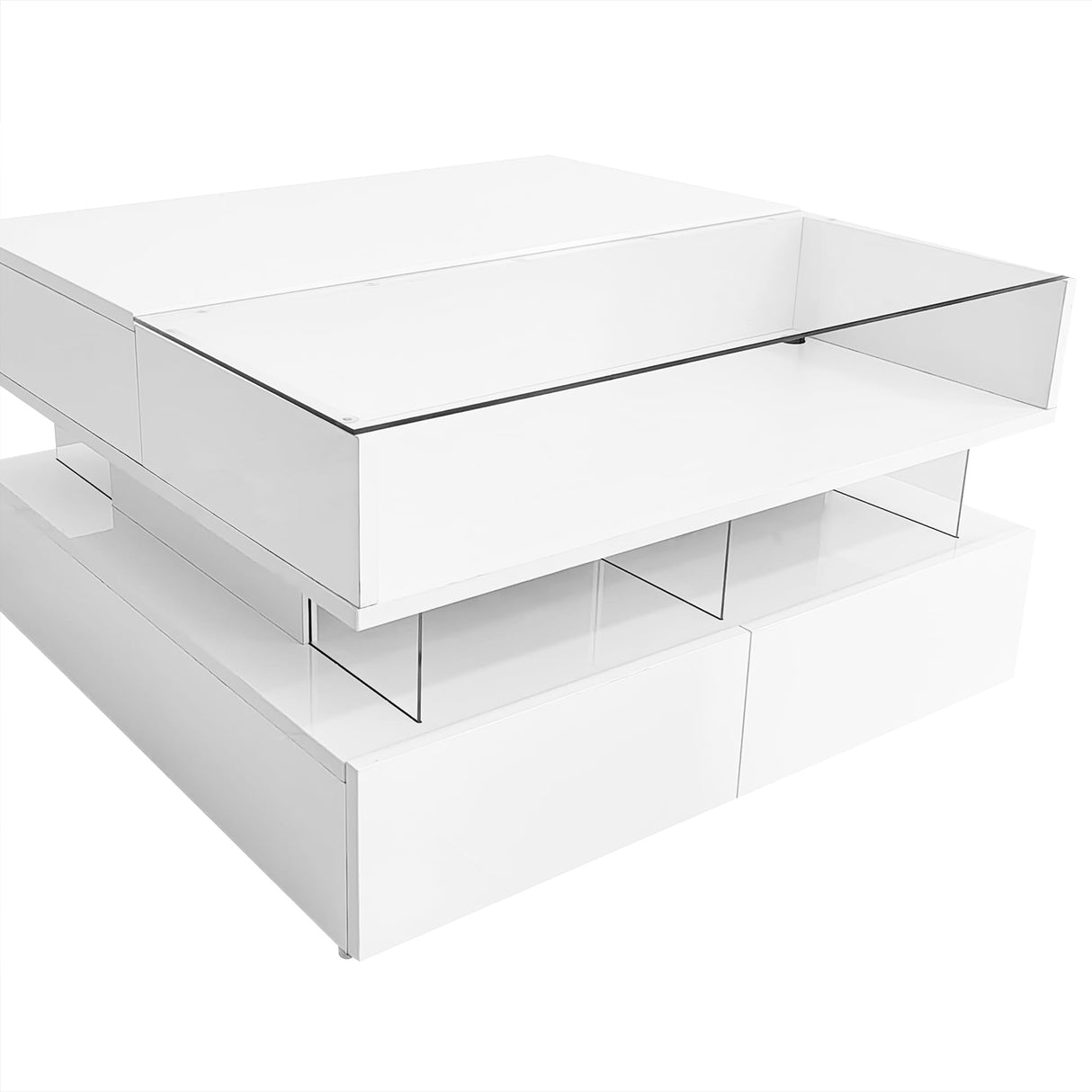 Lift-Top Coffee Table with 2 Drawers, LED Lights Square Coffee Table with Glass Top and High-Gloss Finish, Hidden Space for Living Room, Party, Office, Reception (White-@R) Tdewlye