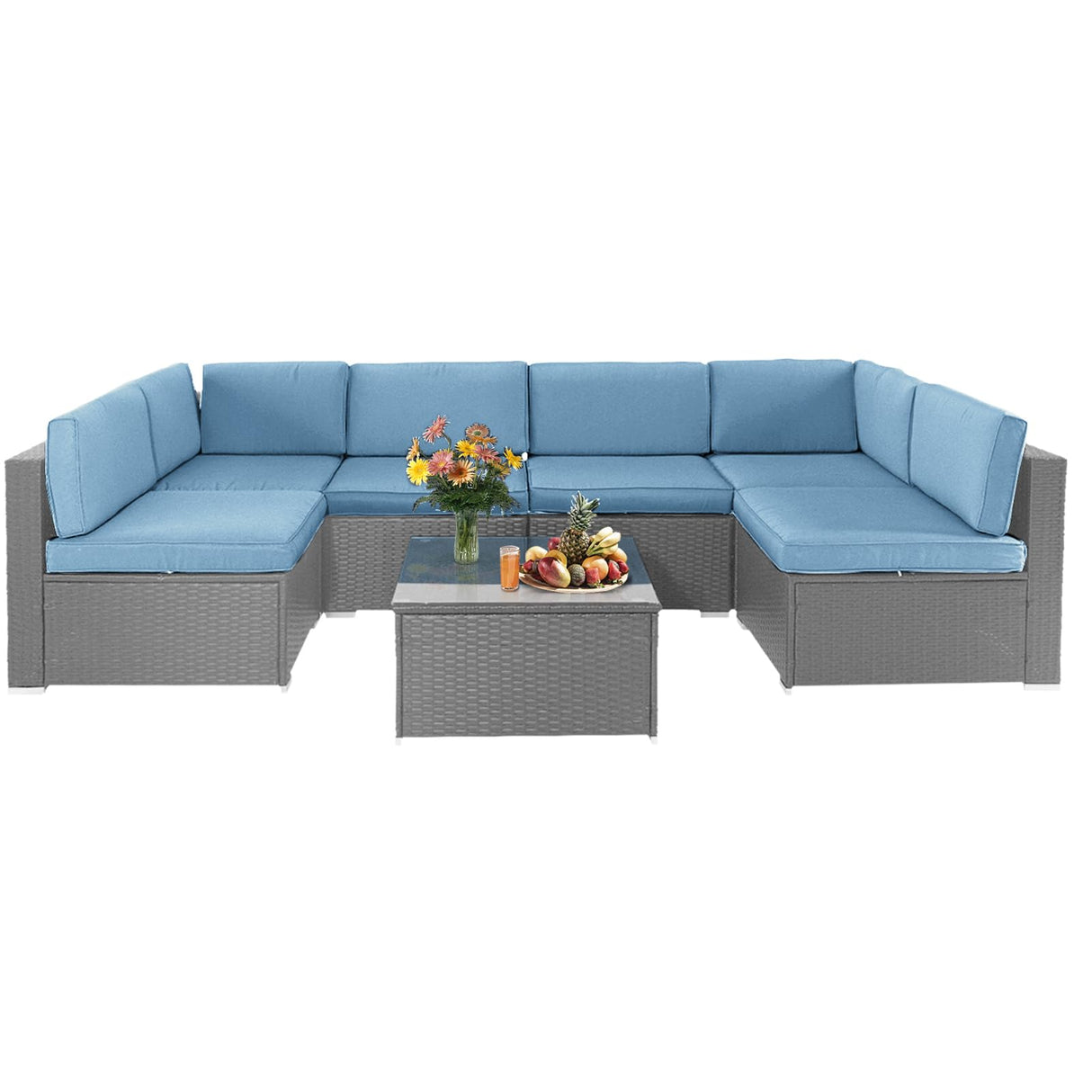 Crownland 7-Pieces Outdoor Patio Furniture Sets, All-Weather Grey Wicker Rattan Sectional Sofa, Modern Glass Coffee Table and Washable Seat Cushion with YKK Zipper (Light Blue) Crownland
