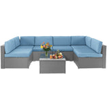 Crownland 7-Pieces Outdoor Patio Furniture Sets, All-Weather Grey Wicker Rattan Sectional Sofa, Modern Glass Coffee Table and Washable Seat Cushion with YKK Zipper (Light Blue) Crownland