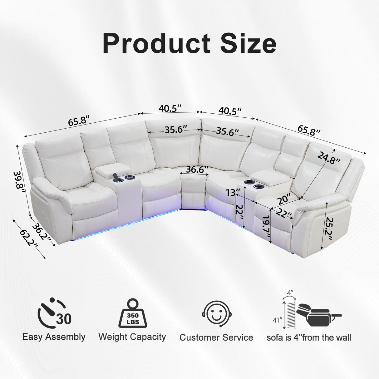 TODRANI Power Reclining Sectional Sofa 5 Seater, Faux Leather Reclining Sectional Couches for Living Room with Wall Hugger Recliner, L Shaped Furniture Sofa Sets with LED Light, USB Port, White TODRANI