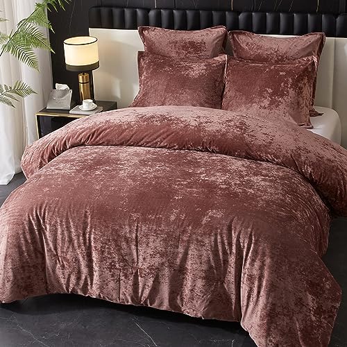 Ivellow Crushed Velvet Comforter Set King, Lightweight Comforter Set, 5pcs Ultra Soft Breathable Pink Comforter Set, Luxury Cozy Flannel Comforter King Size (1 Comforter,2 Pillow Shams, 2 Euro Shams) Ivellow