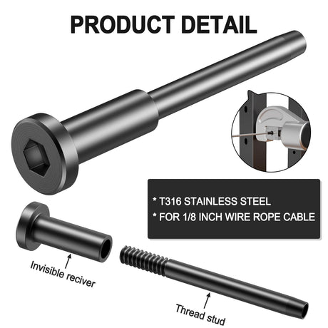 BLIKA 60 Pack 1/8" Black Stainless Steel Invisible Receiver and Swage Stud End for Cable Railing, Deck Stair Threaded End Fitting for Wood & Metal Post, Black Cable Railing Hardware BLIKA