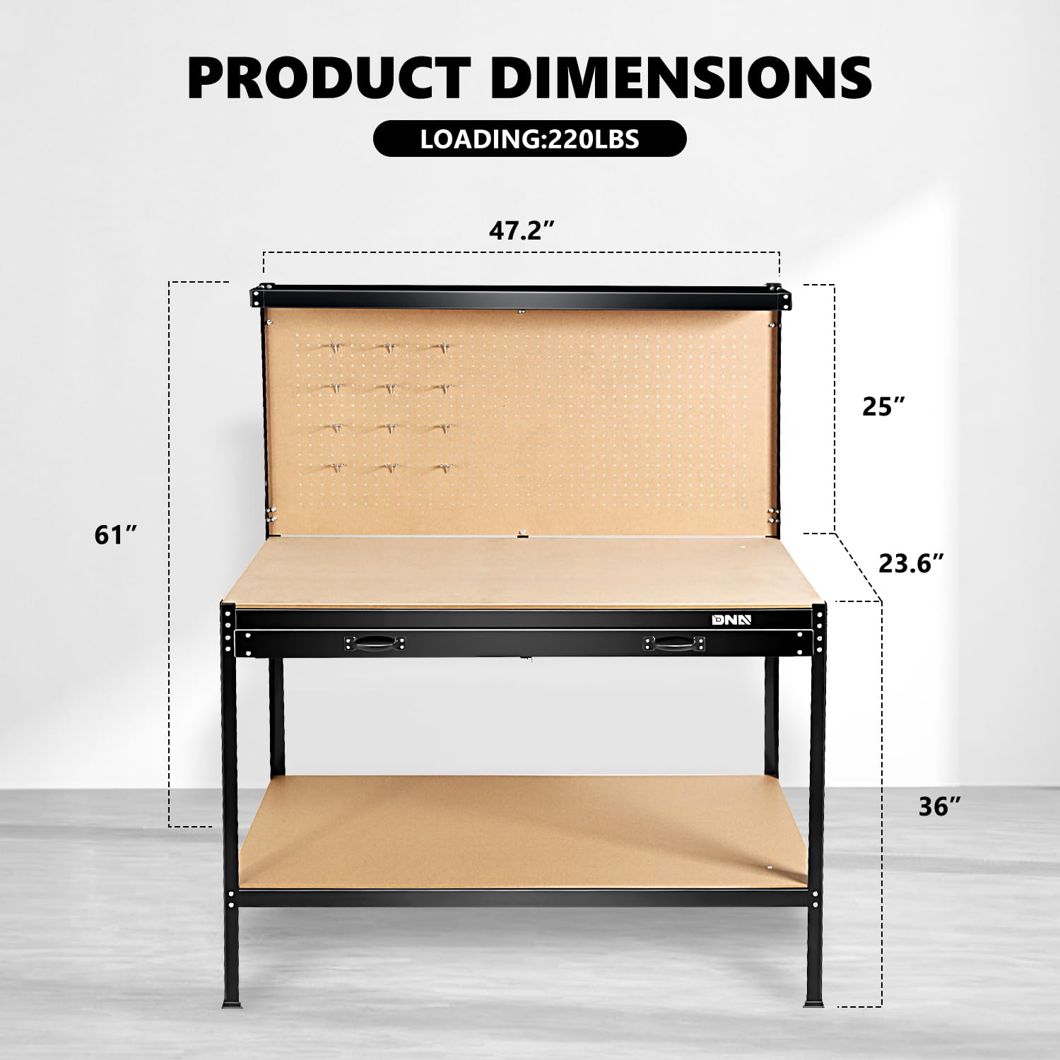 DNA MOTORING Work Table with Pegboard, 47.2''x23.6'' Work Table with Pull-Out Drawers & Lower Open Shelves, 220LBS Capacity, 12PCS Tools Hooks, Wood Tool Bench for Garage, Workshop, TOOLS-004 - WoodArtSupply