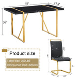 CTPNMCIN Modern Dining Table Set for 4, 55'' Gold Dining Room Table Set with 4 Black Faux Leather Chairs, Black Wood Tabletop with Gold Metal Legs, Suitable for Small Space CTPNMCIN