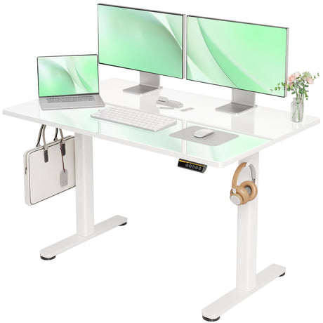 Claiks Glass Standing Desk, Electric Standing Desk Adjustable Height, 48 Inch Adjustable Stand Up Desk, Quick Install Home Office Computer Desk, Supter White Claiks