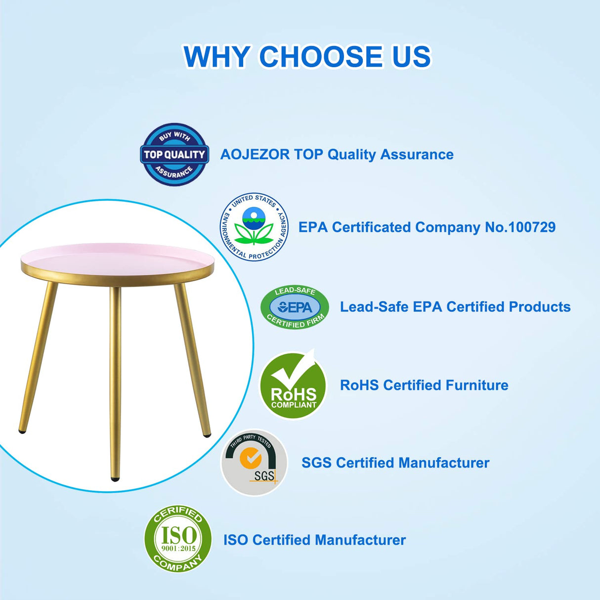 AOJEZOR Night Stands,Small Nightstand Bed Side Table for Kids Room,End Tables Round Nightstand for Bedroom,Pink Metal Tray End Table with Gold Legs Base AOJEZOR