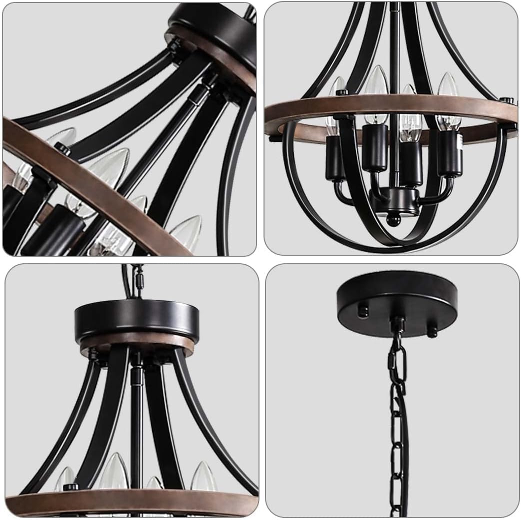 Threebro Chandeliers，Farmhouse Ceiling Chandelier Wood Black Modern Rustic Hanging Pendant Light Fixture with Chain for Dining Room Living Room Entryway Kitchen Island Bedroom Foyer Lighting（4-Light） Threebro