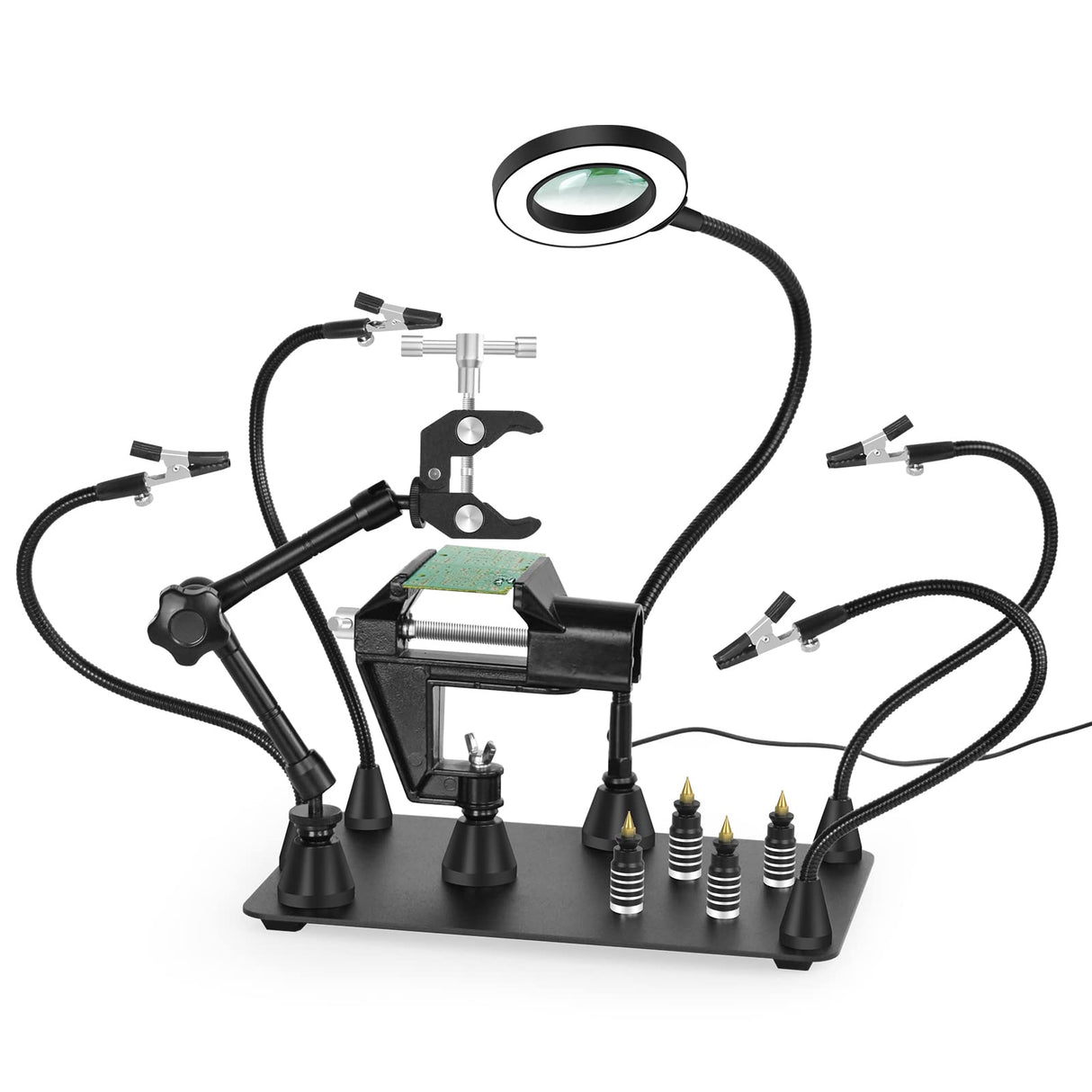 Magnetic Helping Hands Soldering Third Hand, PCB Circuit Board Holder with 3X LED Magnifying Lamp, 360 Hot Air Gun Holder, Extra Large & Heavy Duty Base Plate | Flexible Arms for Soldering Station NOEVSBIG