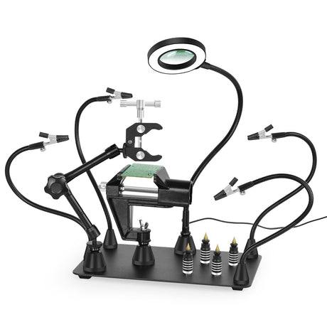 Magnetic Helping Hands Soldering Third Hand, PCB Circuit Board Holder with 3X LED Magnifying Lamp, 360 Hot Air Gun Holder, Extra Large & Heavy Duty Base Plate | Flexible Arms for Soldering Station NOEVSBIG