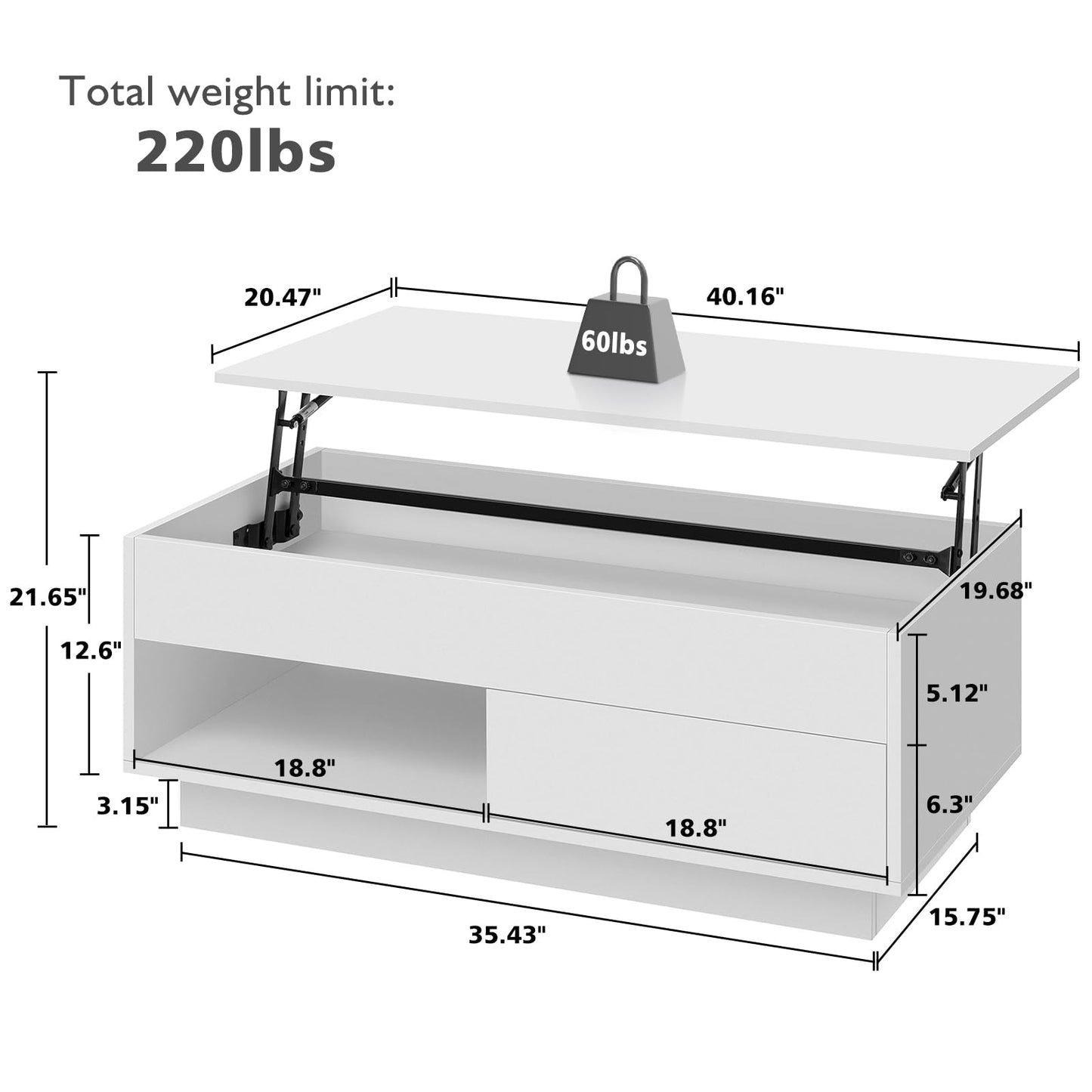 HOMMPA Lift Top Coffee Table with Storage LED Coffee Table Morden High Gloss Living Room 3 Tiers Modern Tea Table with Storage Center Tables Hidden Compartment & Open Shelve & Drawer White - WoodArtSupply