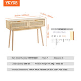 VEVOR Rattan Console Table with 2 Storage Drawers, Rattan Entryway Table with Natural Rattan Sliding Door, Console Sofa Table for Living Room, Study, Entryway Or TV Wall, Natural VEVOR