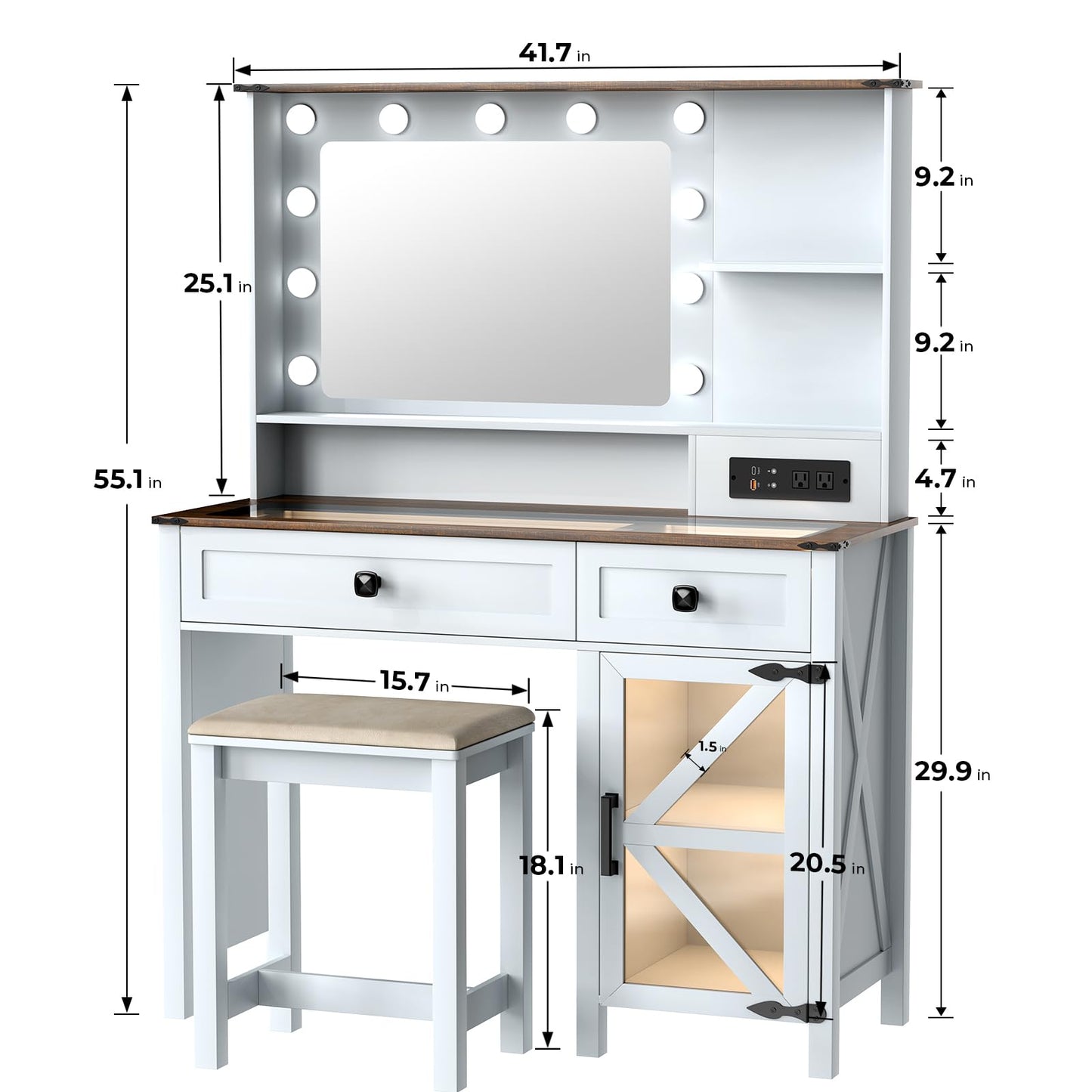 MIIFUNY Farmhouse Makeup Vanity Desk with Mirror and Lights, 42" Glass Top Vanity with Charging Station, Rustic Vanity Table Set with 2 Drawers & Shelves & Cabinet, Dressing Table for Bedroom - WoodArtSupply