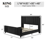 AMERLIFE King Size Bed Frame, Velvet Upholstered Platform Bed with Vertical Channel Tufted Headboard & Footboard/Wingback, Mattress Foundation with Wood Slats, No Box Spring Needed, Black AMERLIFE
