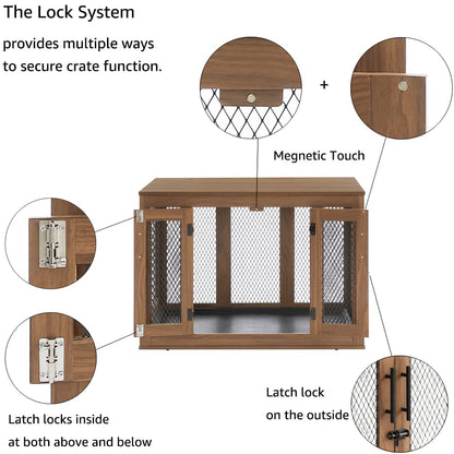 unipaws Furniture Dog Crate with Tray for Medium Dogs, Indoor Aesthetic Puppy Kennel Pet House Dog Cage with Door, Modern Decorative Wood Pretty Cute Fancy End Side Table Nightstand, Walmut - WoodArtSupply