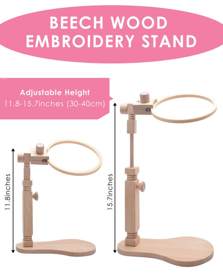 TINDTOP Beech Wood Embroidery Hoop Stand, with 3pcs Embroidery Hoops (3inch + 6inch + 8inch), Adjustable Rotated Wooden Embroidery Hoop Holder for Cross Stitch and Embroidery Projects TINDTOP