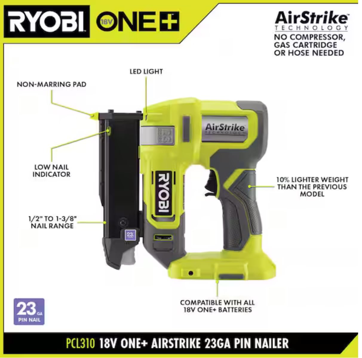 RYOBI ONE+ 18V Cordless Airstrike 23-Gauge Pin Nailer (Tool Only) RYOBI
