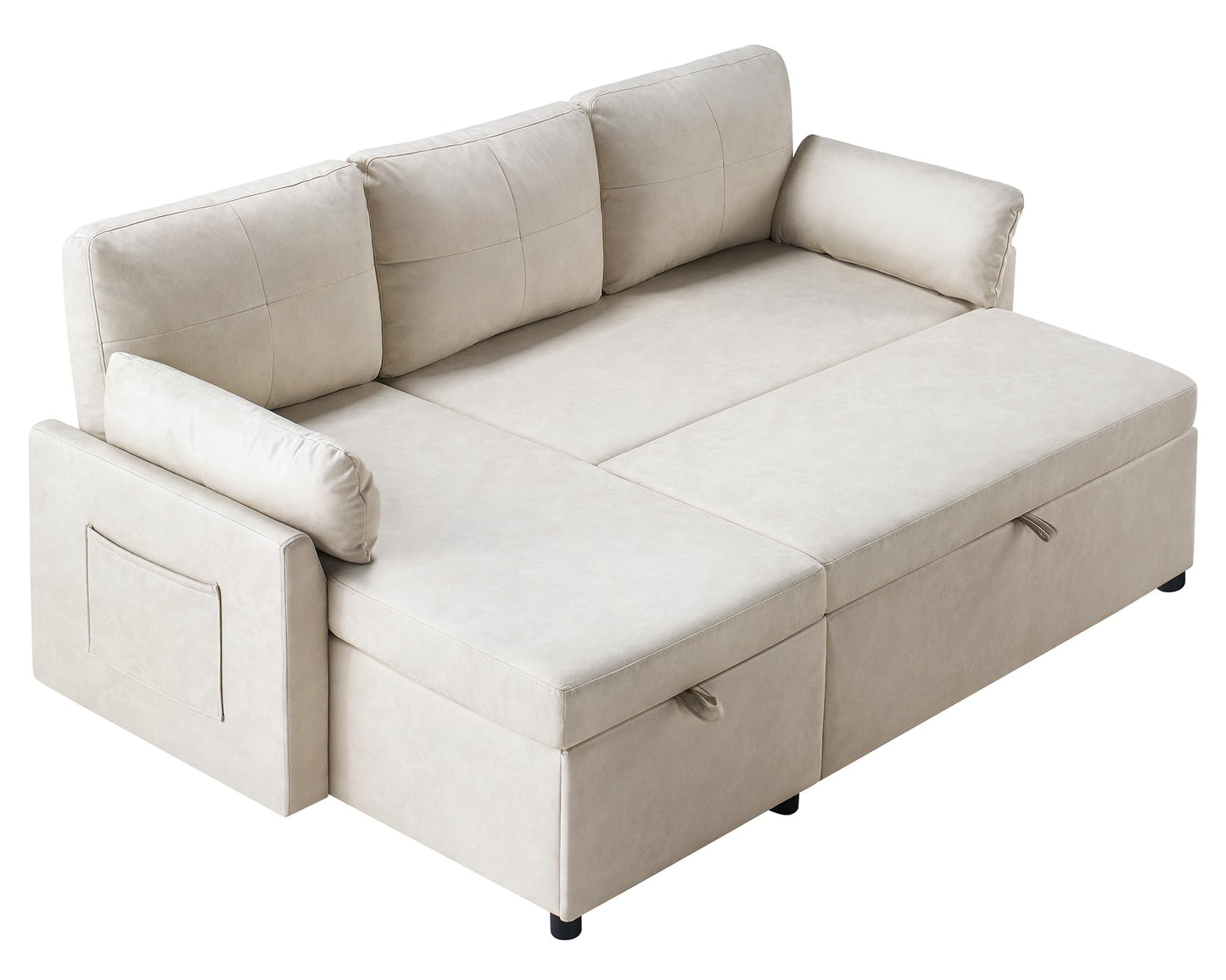 VanAcc Sleeper Sofa, Sofa Bed- 2 in 1 Pull Out Couch Bed with Storage Chaise, Sofa Sleeper Couch for Living Room, Off-White Leathaire Sofa