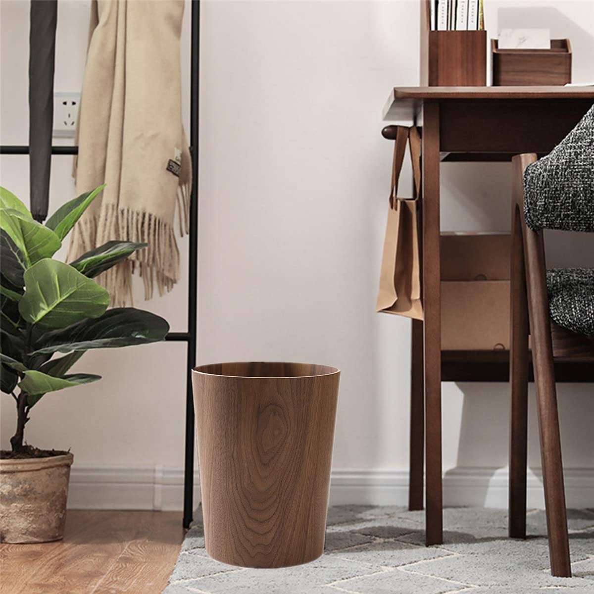 2.3 Gallons Wood Trash Can Wastebasket for Home or Office, Japanese-style natural wood Round Wastebasket, Lightweight, Sturdy for Under Desk, Kitchen, Bedroom, Den, Hotel, or Kids Room (Dark Wood-A) BISOZER