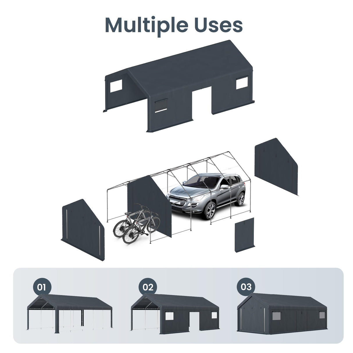 PHI VILLA 13'x24'x9.6' Outdoor Portable Storage Shelter Shed Garage with Roll up Zipper Doors & Vents Carport for Motorcycle Waterproof and UV Resistant Anti-Snow Portable Garage Kit Tent, Gray PHI VILLA
