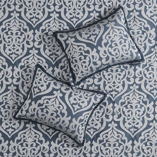 Madison Park Odette Cozy Comforter Set Jacquard Damask Medallion Design - Modern All Season, Down Alternative Bedding, Shams, Decorative Pillows, King(104 in x 92 in), Navy 8 Piece Madison Park