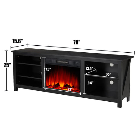 AMERLIFE Fireplace TV Stand, Wood Texture Entertainment Center with 23'' Electric Fireplace, Farmhouse Entertainment Stand Media TV Console for TVs Up to 80'', 70 inches, Black AMERLIFE