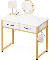 Casaottima 32 Inch Small Dressing Vanity Desk with 2 Drawers & Headphone Hook, Makeup Vanity Desk for Bedroom Without Mirror,Modern Space-Saving Design for Small Spaces White-Gold Casaottima