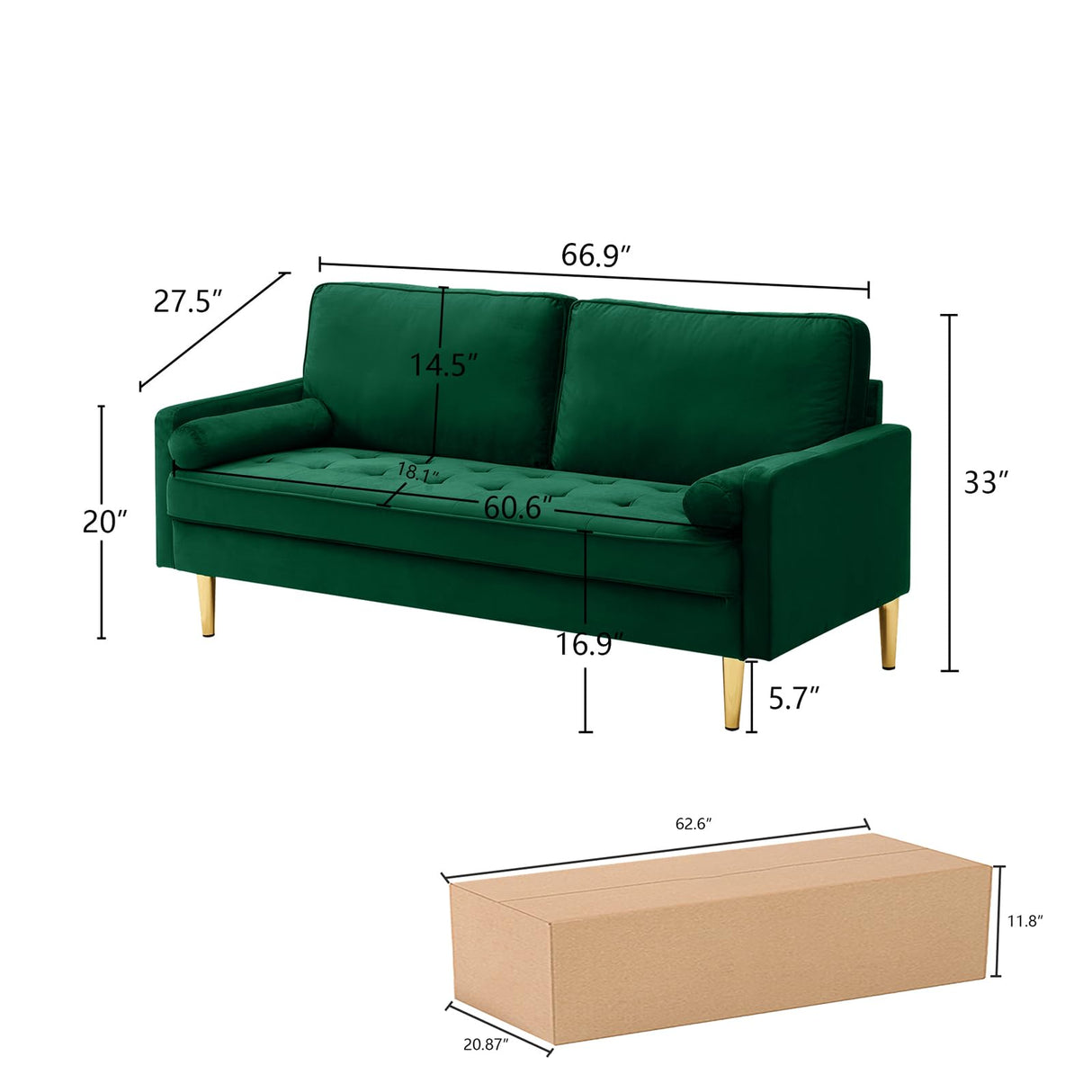 67'' Velvet Sofa Bed, Modern Loveseat with Gold Metal Legs and 2 Bolster Pillows, Velvet Love Seats Couch for Small Spaces, Living Room, Apartment (Green) GPCRAC