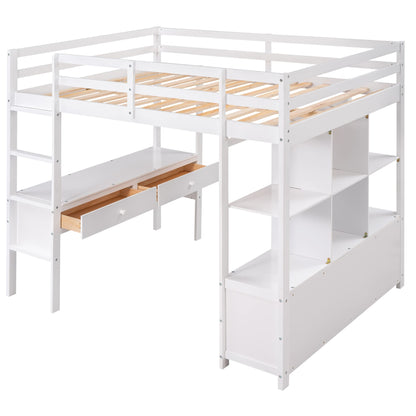 Multifunctional White Loft Bed with Desk, Storage, and Bookshelf by Harper & Bright Designs - WoodArtSupply