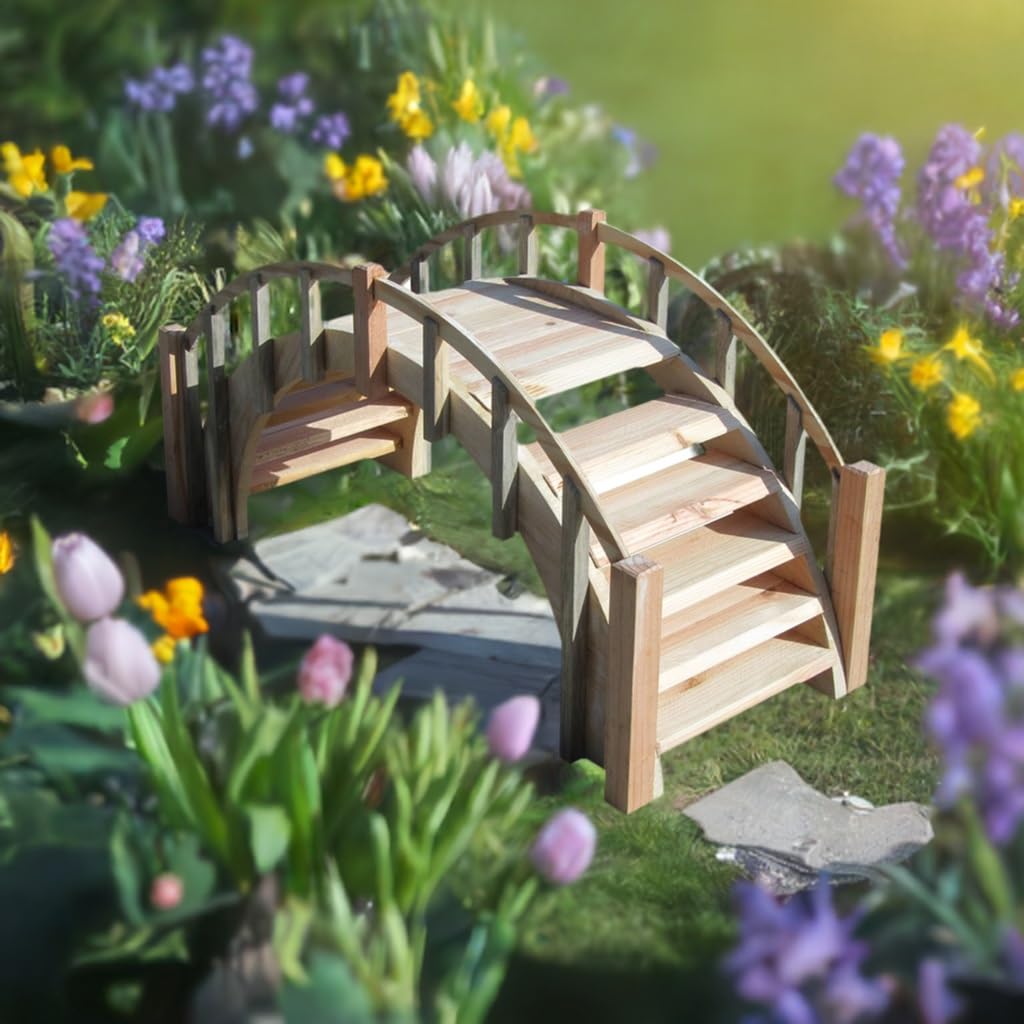 SamsGazebos Fairy Tale Wood Garden Bridge with Decorative Picket Railings and Steps, 33" L, Unfinished - WoodArtSupply