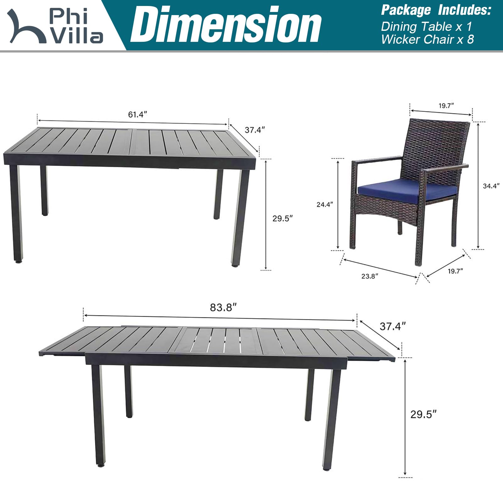 PHI VILLA 9 Piece Large Outdoor Dining Table Set for 8, Expandable Rectangular Steel Dining Table & Cushioned Rattan Wicker Chairs, Dining Furniture Set for Patio, Deck, Yard - WoodArtSupply