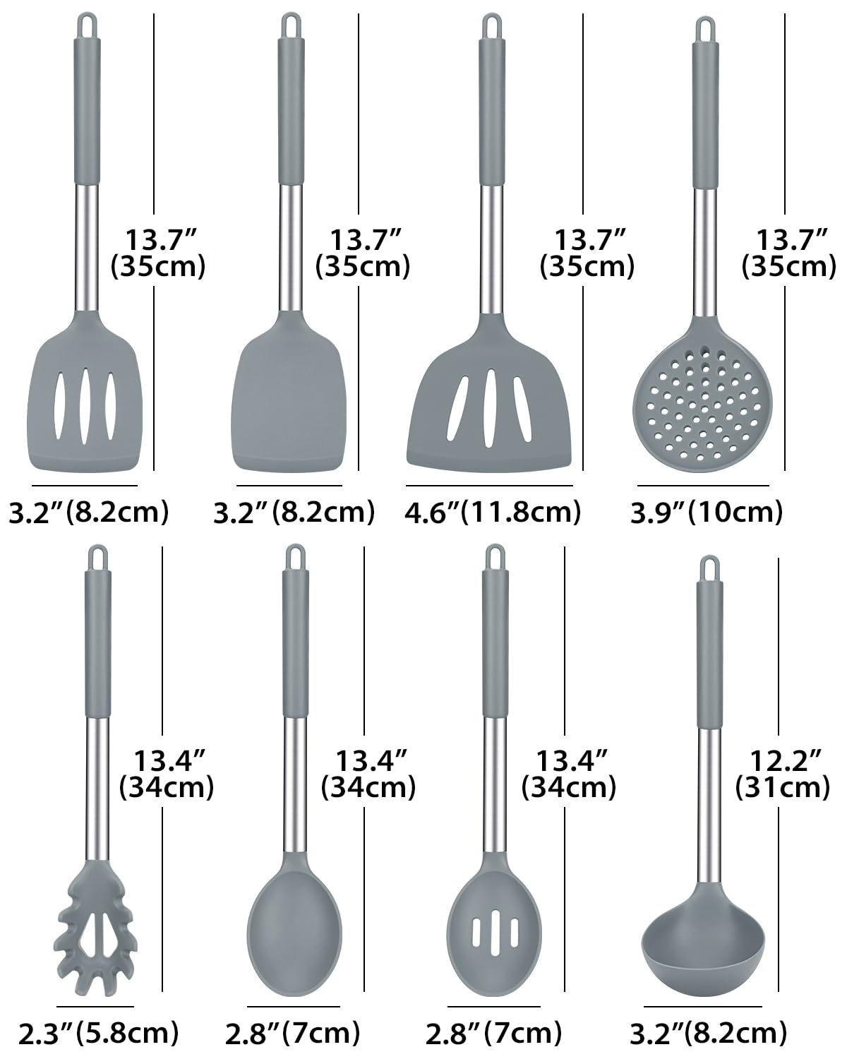 Silicone Cooking Utensil Set, 8Pcs Non-stick Cookware with Stainless Steel Handle, BPA Free Heat Resistant Kitchen Tools with Spatulas, Turnesr, Spoons, Skimer and Pasta Fork (GRAY)