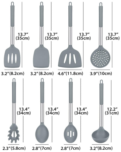 Silicone Cooking Utensil Set, 8Pcs Non-stick Cookware with Stainless Steel Handle, BPA Free Heat Resistant Kitchen Tools with Spatulas, Turnesr, Spoons, Skimer and Pasta Fork (GRAY)