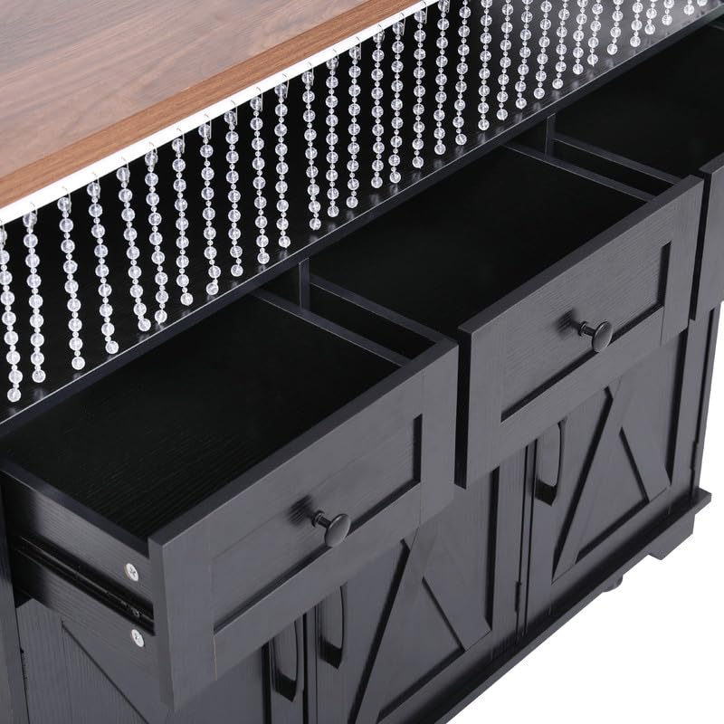 46.5'' Farmhouse Kitchen Island with Drape of Beads, Power Outlet, Rolling Kitchen Cart on Wheels with Drop Leaf, 3 Doors , 3 Drawers and Internal Iron Shelf, for Kitchen, Dining Room, Black HomeGearTech