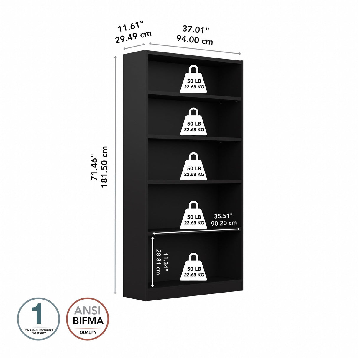 Bush Furniture Universal Tall 5 Shelf Bookcase in Black, Vertical Storage and Display Bookshelf for Home Office or Living Room Organization Bush Furniture