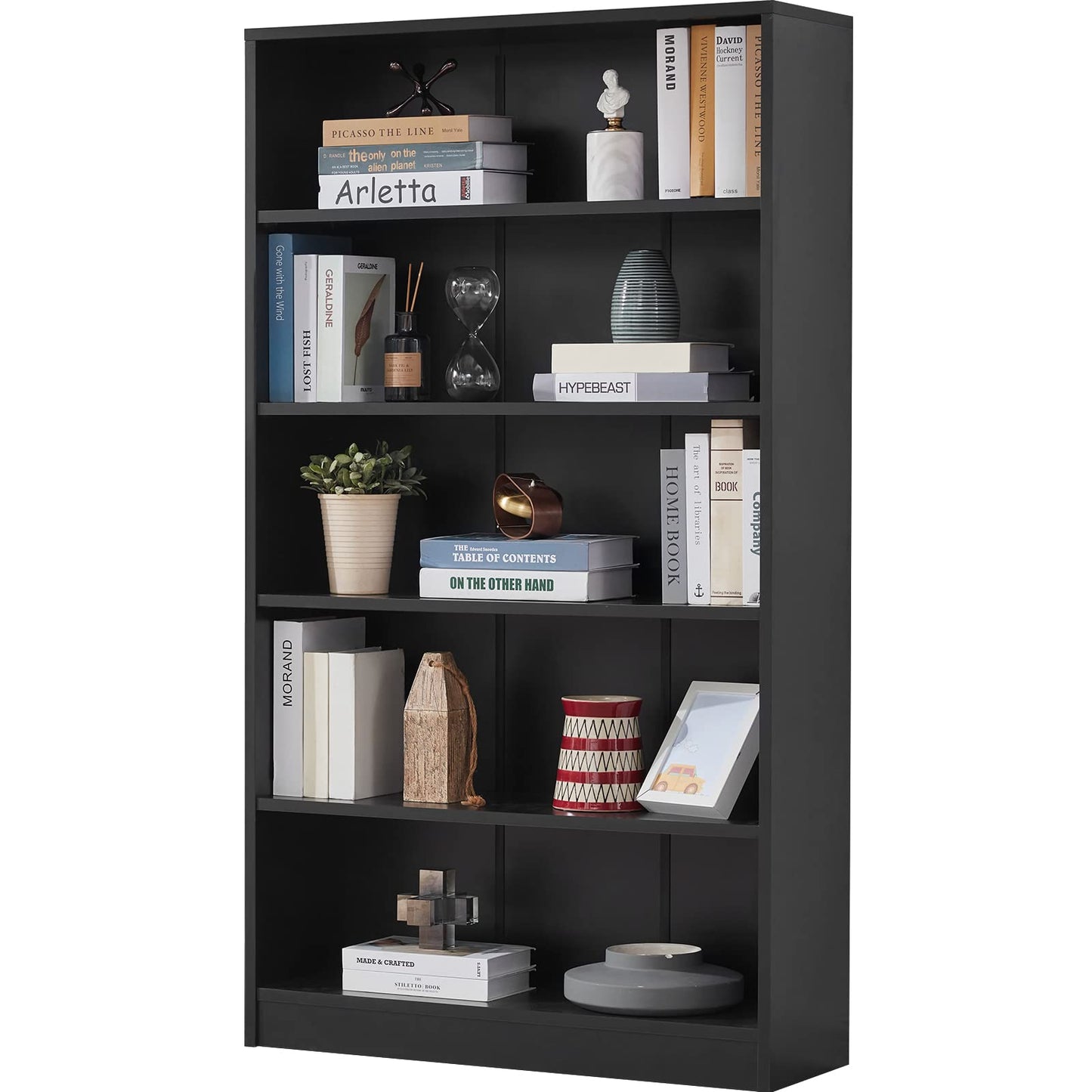 Farini Black Bookshelf for Bedroom 5 Shelf Office Bookcase 60 Inches Tall Modern Wood Bookshelf for Living Room 5 Tier Wide Manga Bookshelf Library Bookcase - WoodArtSupply