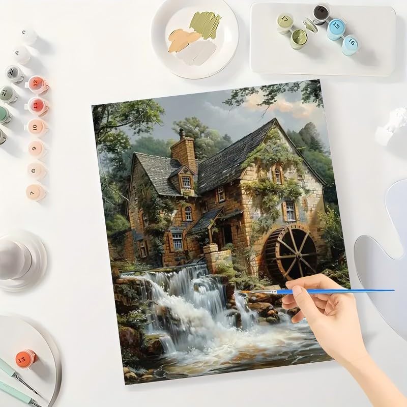 TAOPAOLAB Landscape Paint by Numbers Kit for Adults - DIY Old Watermill with Waterfall Painting on Canvas 16x20 Inches, Acrylic Paint Set, Suitable for Beginners, Art for Home Decoration or Gifts TAOPAOLAB