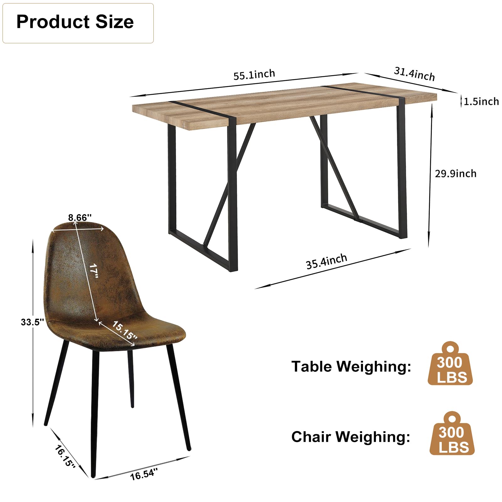 WIIS' IDEA Modern Dining Table Set for 4,Rectangular Solid Wood Dining Table for 4 People,Metal Base and Legs,Suitable for Living Room,Dining Room,Kitchen（55" Dining Table+4 Brown Dining Chai - WoodArtSupply