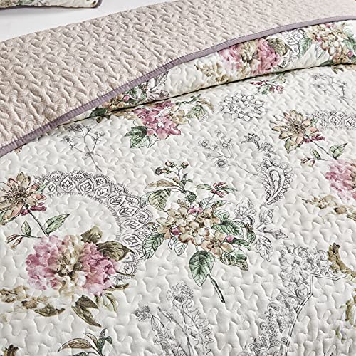 Flysheep 2 Pieces Quilt Set Twin Size, Beige Floral Reversible Bedspread Coverlet Set, Soft Microfiber Lightweight Bed Cover for Kids (68" x 86", 1 Quilt+ 1 Pillow Sham) Flysheep