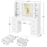 FIONESO Large Makeup Vanity, 43.3" Vanity Desk with Mirror and Lights, Makeup Vanity Table with 7 Drawers, 4 Shelves, 5 Jewel Hooks & Power Strip, Vanity Desk Set for Bedroom, White FIONESO